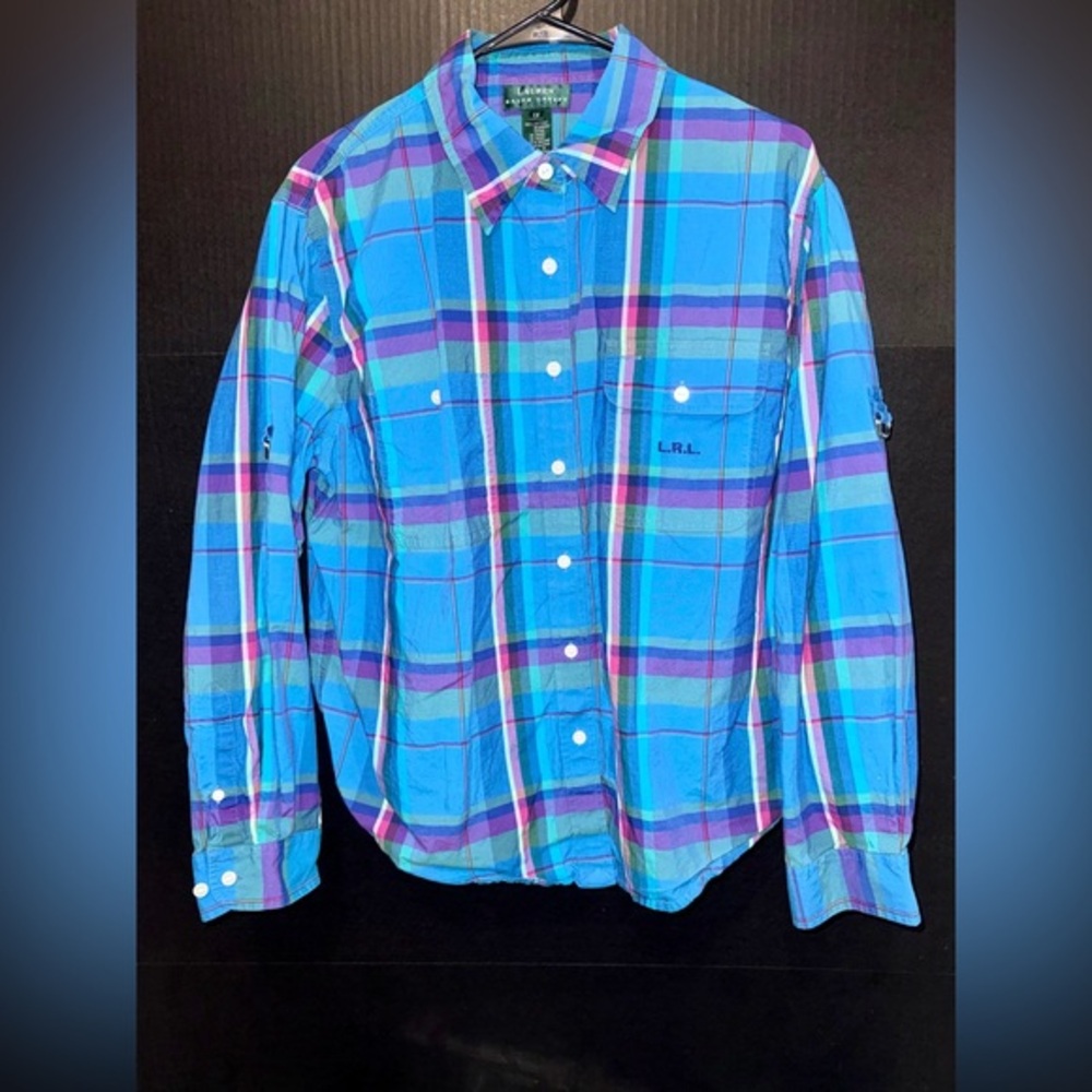 🎋Lauren Ralph Lauren Plaid Button Down Shirt Blue Purple Pink Roll-Tab Sleeve
